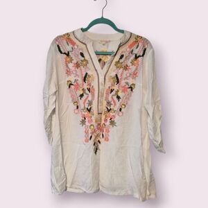 Solitare Womens Large White Embroidered Floral Blouse Pullover Henley Buttons